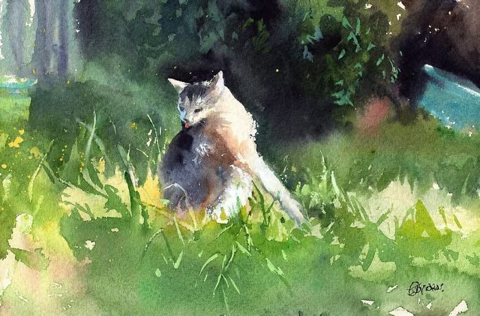 The Cat In The Grass Pulls Its Own Hair