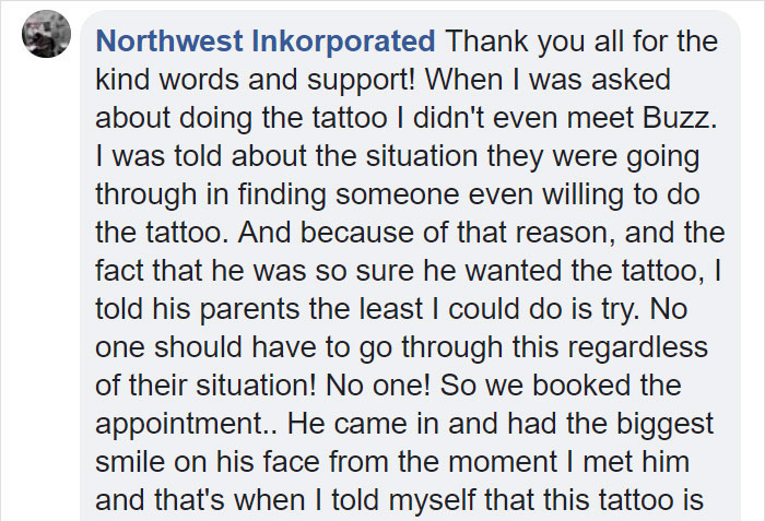 Facebook post by Northwest Inkorporated about an autistic man finally getting his dream tattoo after refusals.