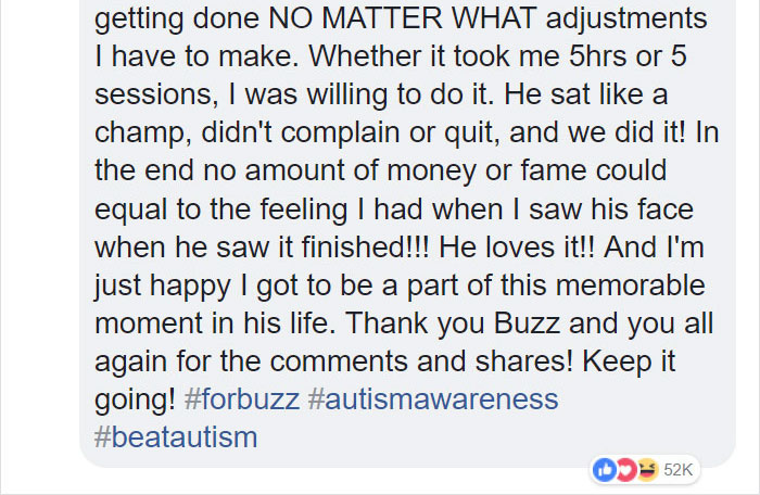 Text message highlighting an autistic man's joy at finally receiving his dream tattoo after challenges.