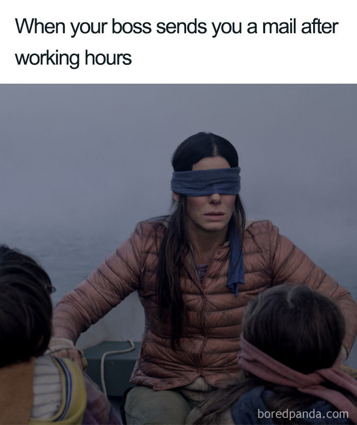 Blindfolded woman on a boat with children, symbolizing funniest boss meme about after-hours emails.