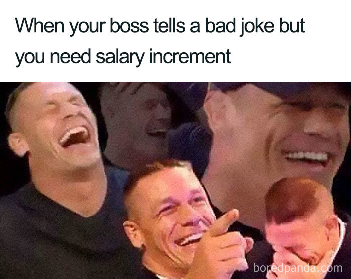 Collage of a man laughing used in a boss meme about salary increment and bad jokes.