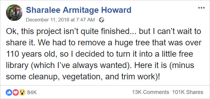 Woman Turned 110-Year-Old Dead Tree Into A Free Little Library For The Neighborhood And It Looks Magical