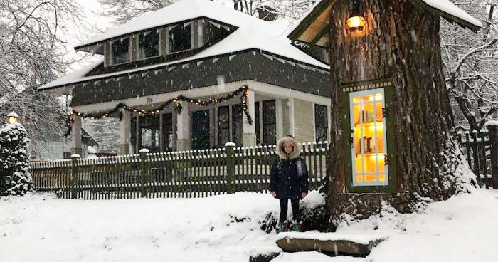 Woman Turned 110-Year-Old Dead Tree Into A Free Little Library For The Neighborhood And It Looks MagicalWoman Turned 110-Year-Old Dead Tree Into A Free Little Library For The Neighborhood And It Looks Magical