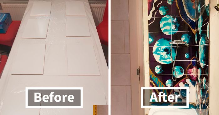 I Created A “Galaxy Shower” By Painting My Plain Bathroom Tiles