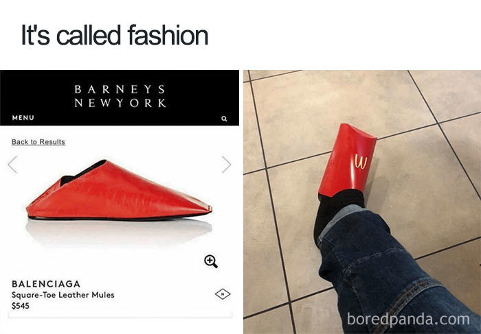 Fashion disasters meme comparing luxury red shoe with French fry box.