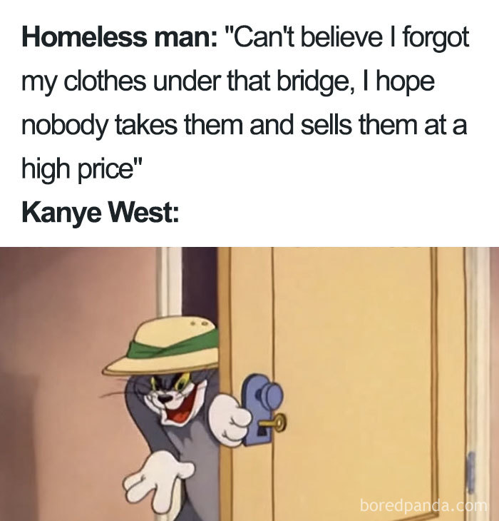 Cartoon cat opening door, smirking under text about a homeless man's lost clothes, referencing fashion disasters meme.