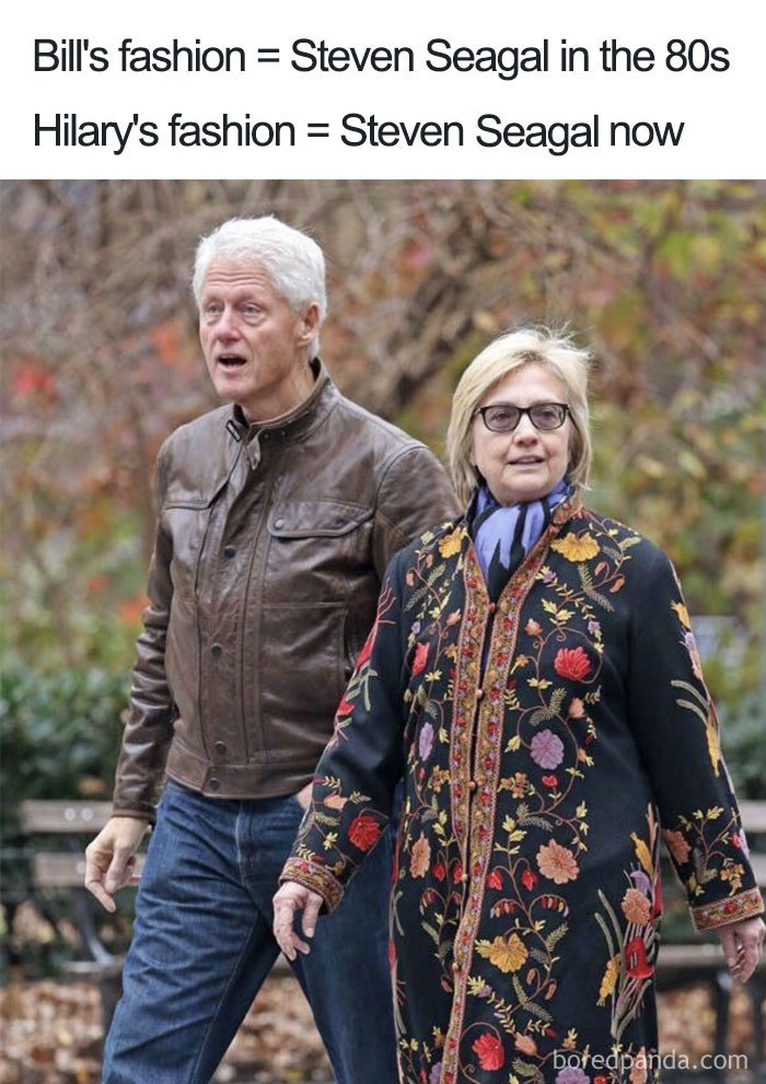 A couple walks outdoors, dressed in contrasting fashion styles, humorously compared to Steven Seagal in a meme.