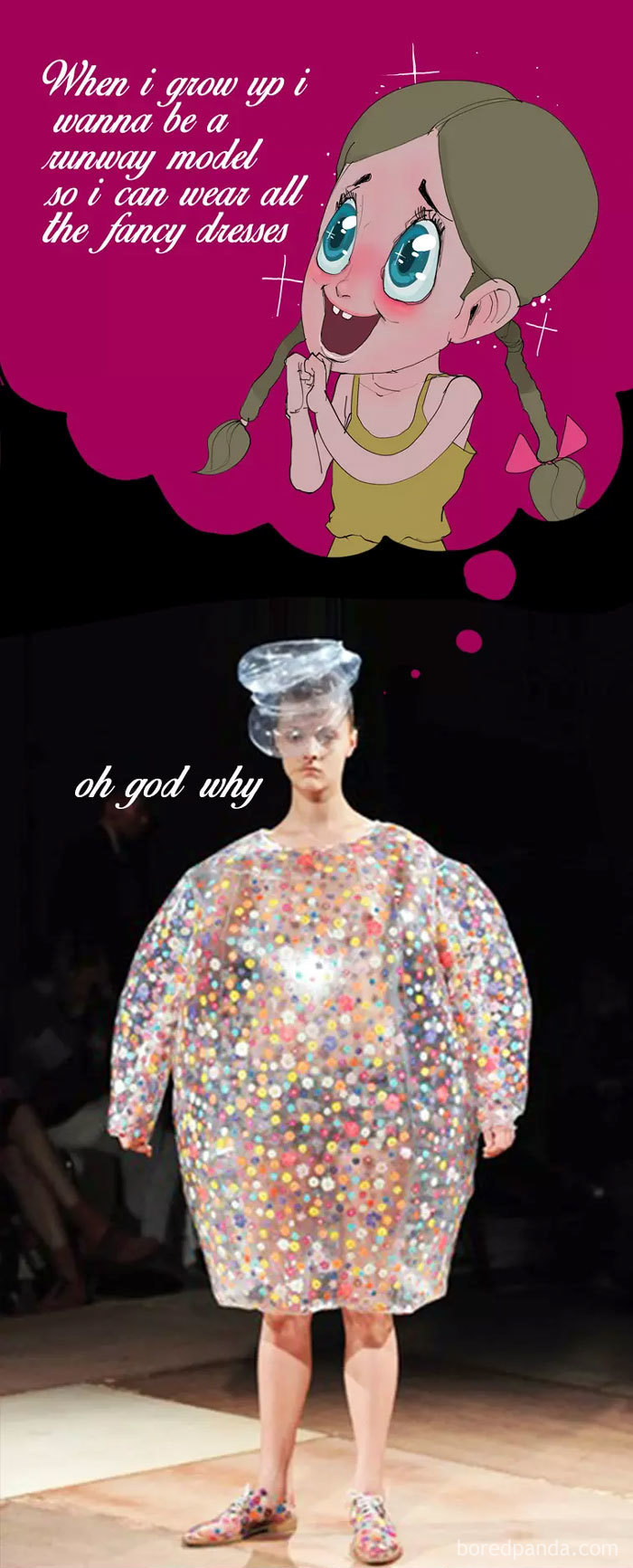 Cartoon girl dreams of modeling, contrasted with a real fashion disaster outfit on the runway.