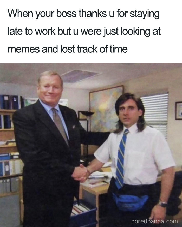 Two office workers shake hands awkwardly; funny boss meme about losing track of time.