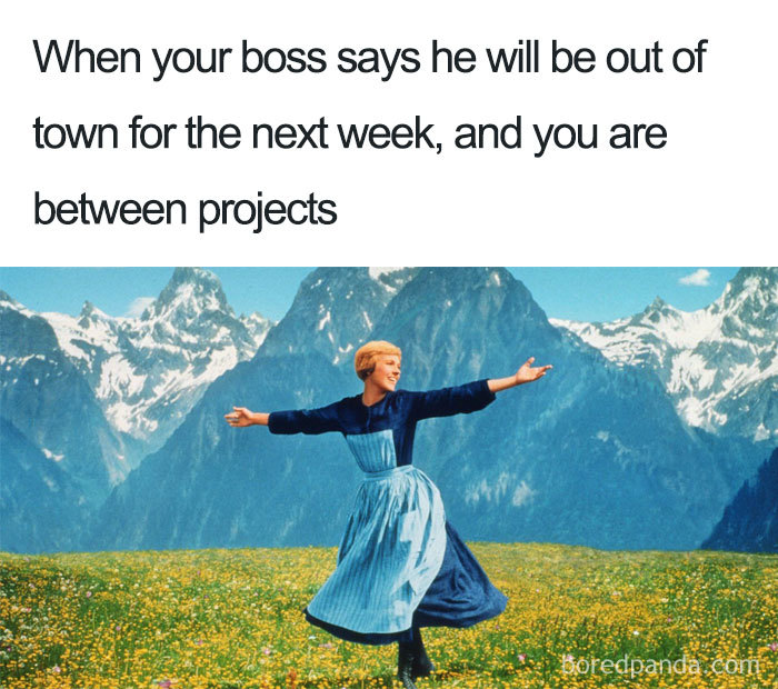 A person joyfully spins in a meadow with mountains, under text about a boss being out of town, highlighting a funny boss meme.