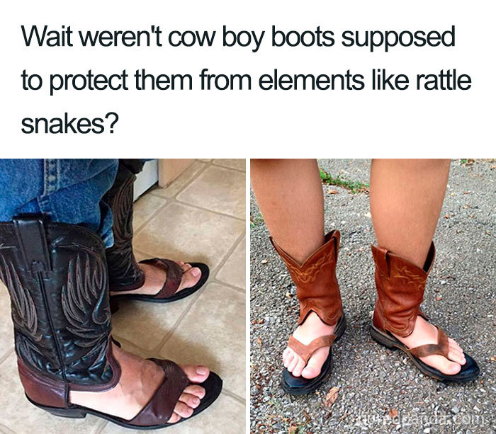 Two pairs of cowboy boots humorously altered into sandals, showcasing fashion disasters.