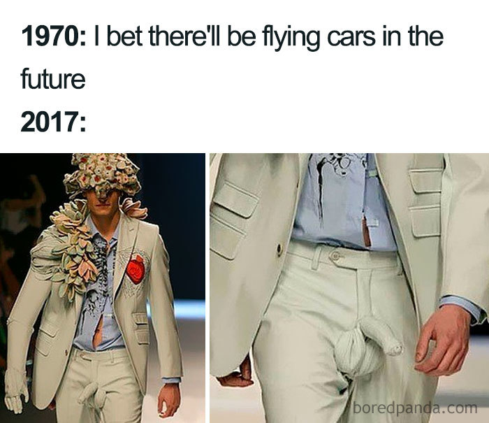 Fashion disaster meme featuring an exaggerated suit with floral decorations and humorous design details.