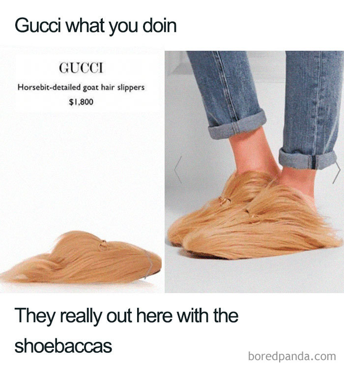 Gucci goat hair slippers meme showcasing fashion disasters with humor.
