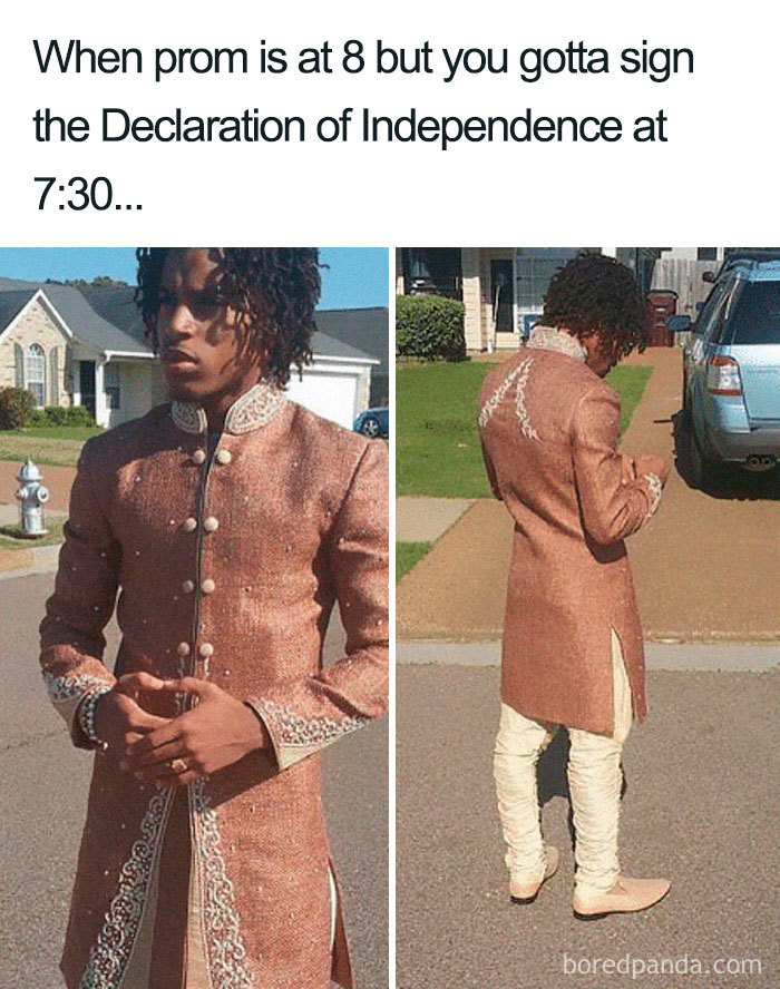 Fashion disasters meme featuring a person in historical-style attire, ready for prom and humorously captioned.