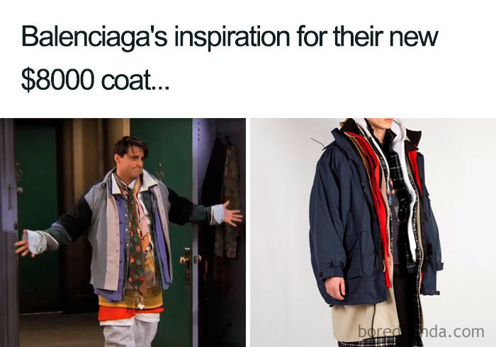 Fashion disaster meme comparing layered outfits to expensive coat.