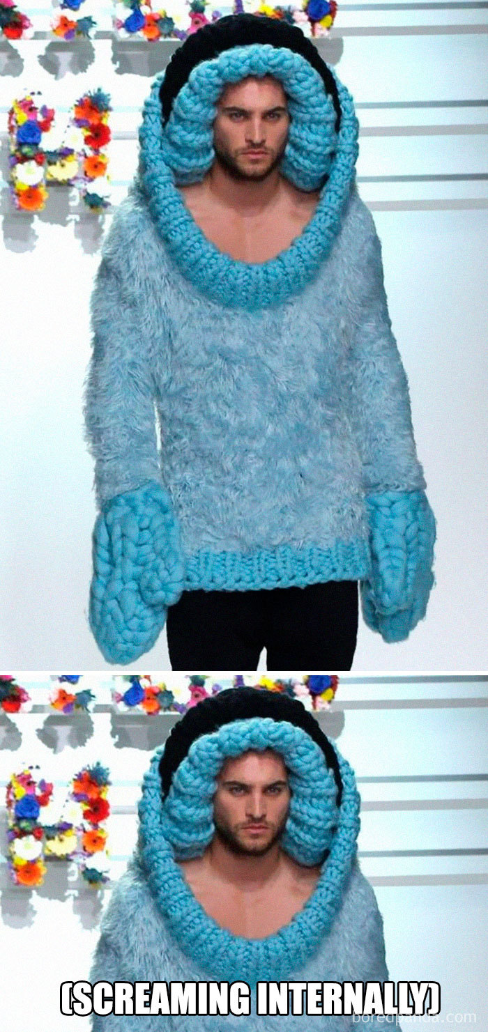 Model wearing unusual blue knitted outfit; fashion disasters turned memes.