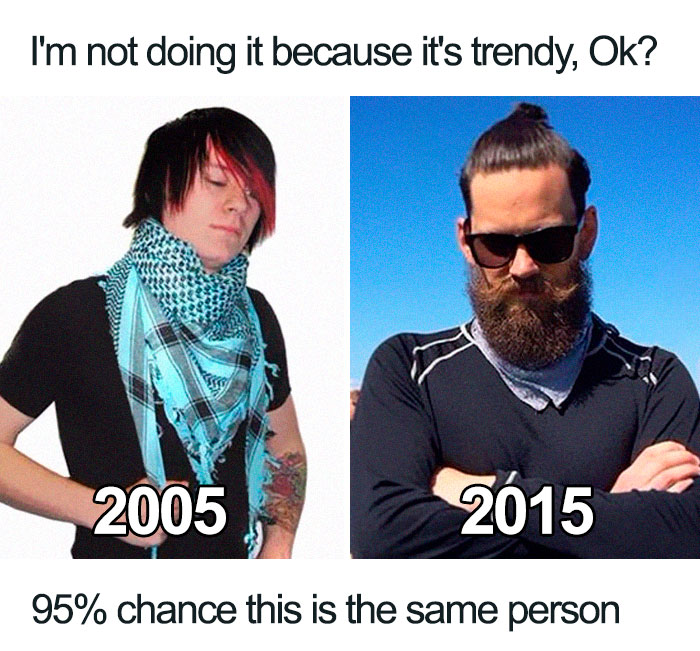 Fashion disasters meme comparing styles from 2005 and 2015 with text emphasizing trend evolution.