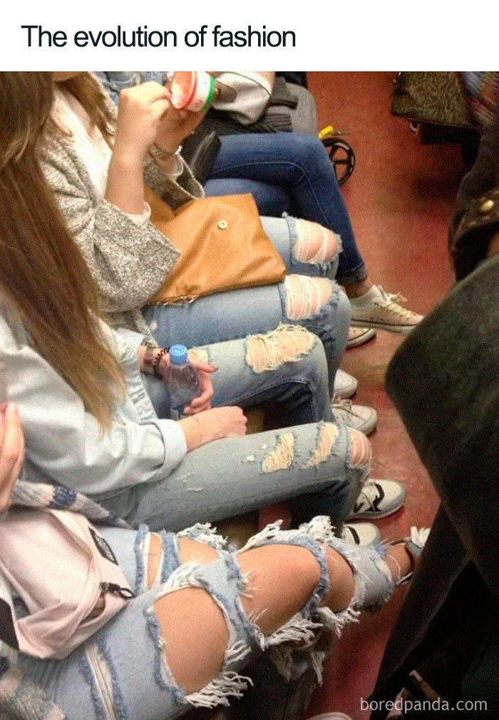 Fashion disaster with ripped jeans on a subway, turned into a hilarious meme.