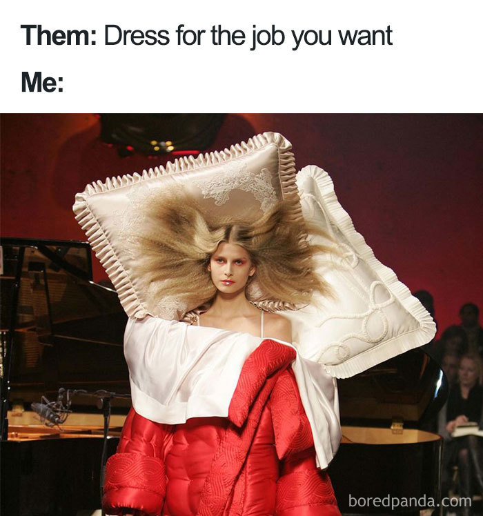 Model in humorous fashion disaster outfit with pillow, part of funny fashion memes.