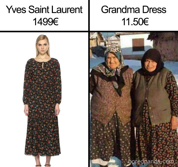 Fashion disasters meme comparing an expensive designer dress with similar affordable grandma dresses.