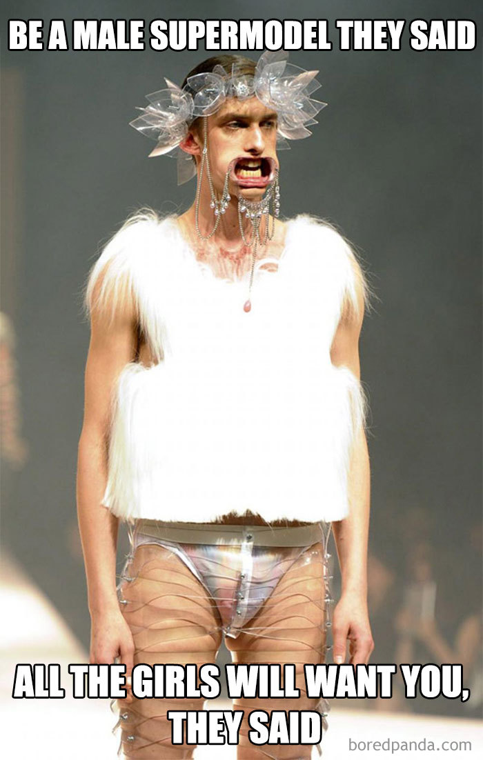 A male model in a quirky outfit on the runway, showcasing fashion disasters turned into hilarious memes.