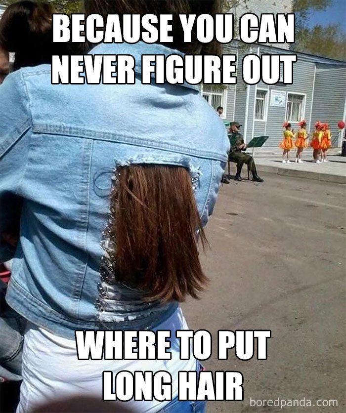 Fashion disaster meme showing long hair awkwardly placed through a torn denim jacket on the street.