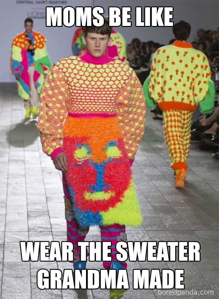 Model in colorful knitwear on runway, showcasing a fashion disaster meme with humorous caption.