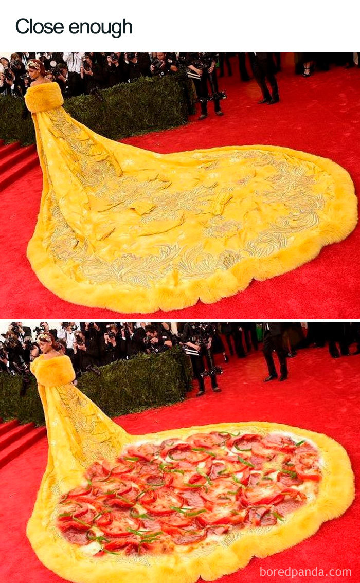 Fashion disasters meme: a glamorous yellow gown humorously compared to a pizza.