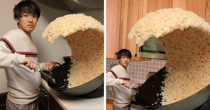 Someone Posts A Photo With A Guy Next To A Giant Rice Wave, People Immediately Start To Photoshop It