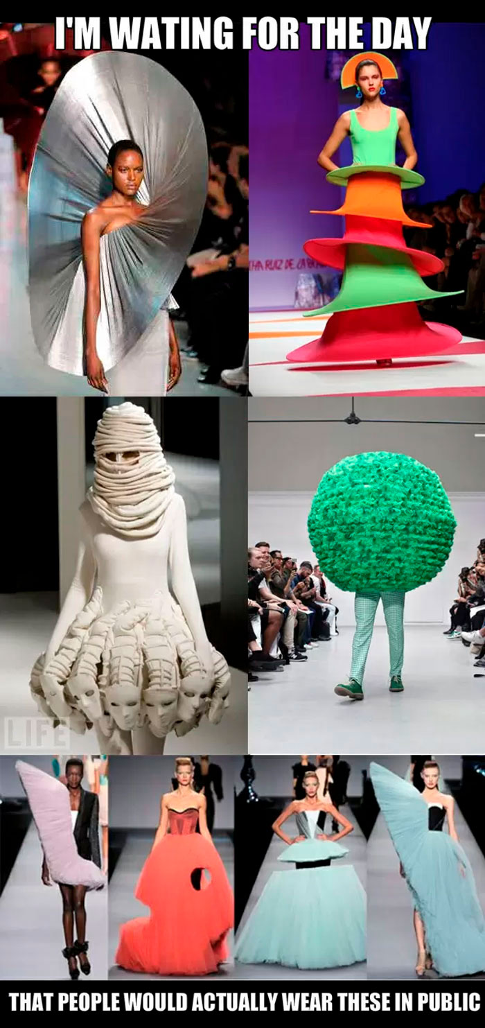 Fashion disasters turned hilarious with models wearing bizarre outfits on the runway, creating meme-worthy moments.