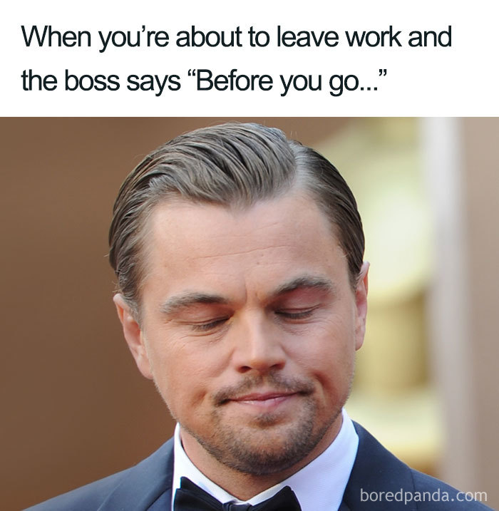 Person closing eyes with caption about boss interruptions, illustrating funny boss meme.
