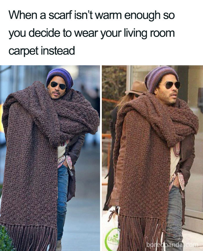 Person wearing oversized scarf and beanie, exemplifying fashion disasters turned into memes.