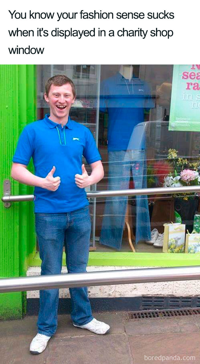 Man matching outfit in a window display, illustrating fashion disasters humor.
