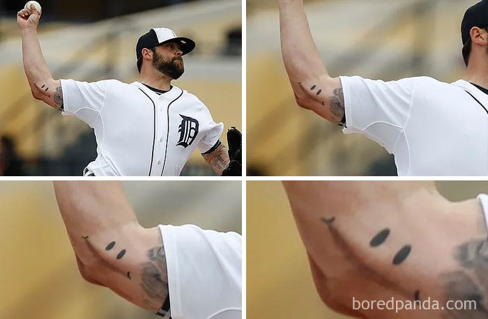 A baseball player with tattoos covering a scar on his arm, illustrating a creative tattoo transformation.
