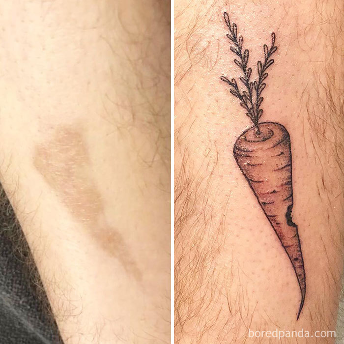 Tattoo artist's transformation: a scar covered with a carrot tattoo on skin.