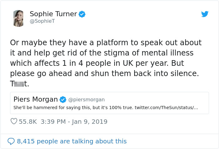 Piers Morgan Blames Celebrities For Making Mental Health Issues ‘Fashionable’, Sophie Turner Teaches Him A Stark Lesson Piers Morgan Blames Celebrities For Making Mental Health Issues ‘Fashionable’, Sophie Turner Teaches Him A Stark Lesson