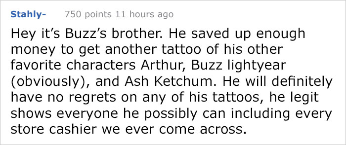 Text from a forum post about Buzz's brother getting tattoos of favorite characters like Arthur and Buzz Lightyear. Text from a forum post about Buzz's brother getting tattoos of favorite characters like Arthur and Buzz Lightyear.