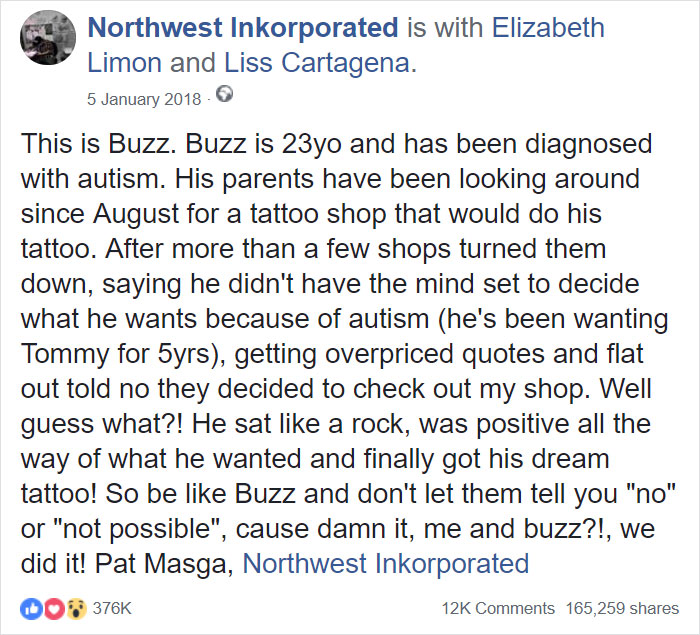 Autistic man Buzz shares experience at tattoo shop after multiple refusals, finally getting his dream tattoo. Autistic man Buzz shares experience at tattoo shop after multiple refusals, finally getting his dream tattoo.