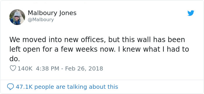 No One Is Fixing A Hole In New Office Wall, So This Guy Trolls Them Into Doing It No One Is Fixing A Hole In New Office Wall, So This Guy Trolls Them Into Doing It