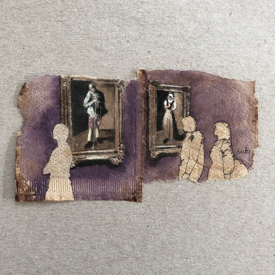 Museum Goers: Miniature Paintings On Used Tea Bags