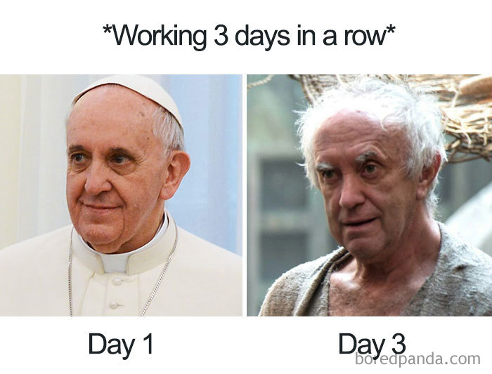 Nurse meme comparing a well-dressed man on Day 1 to a tired-looking man on Day 3 to humorously depict long shifts.