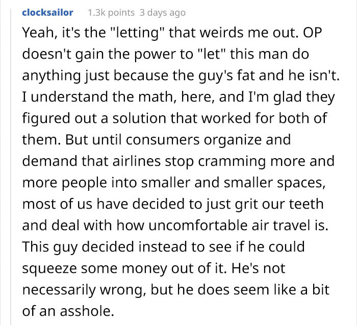 Guy Asks If He's Wrong To Make Obese Man Pay Him $150 For Taking Up Part Of His Seat On A 5-Hour Flight