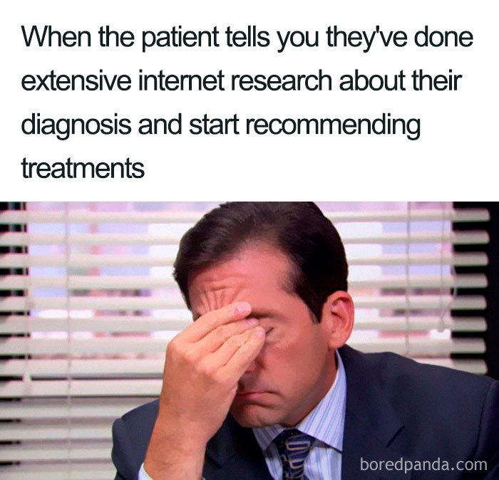 Frustrated man facepalming, relating to nurse memes about internet diagnosis advice.