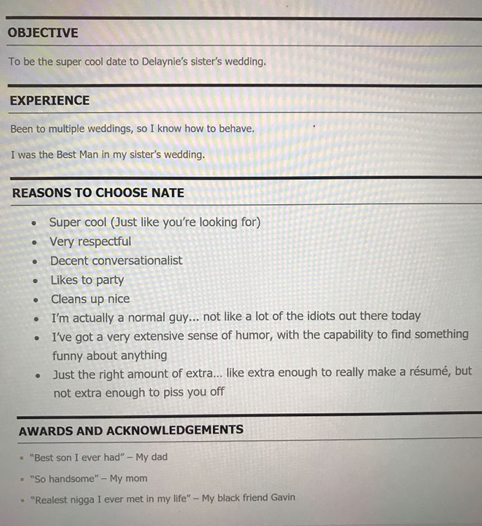 Girl Asks Guy For A Formal Resume To Go To A Wedding With Her As A Joke, He Delivers Girl Asks Guy For A Formal Resume To Go To A Wedding With Her As A Joke, He Delivers