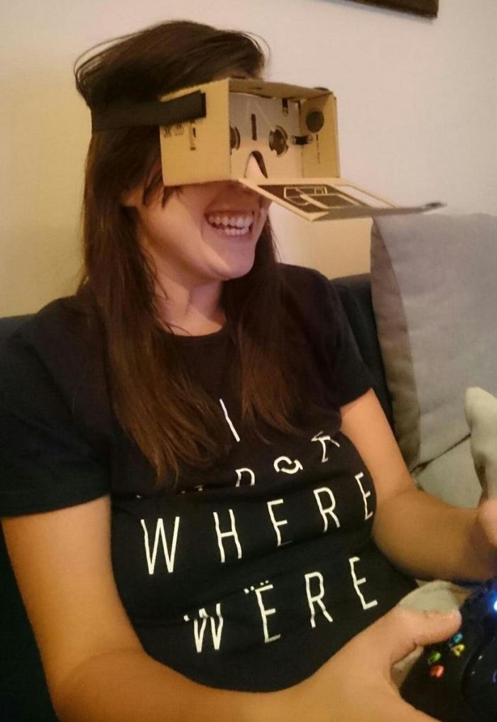 My Girlfriend's Glasses Broke. So I Replaced The Lenses In Google Cardboard With Her Prescription Lenses. Works A Bomb