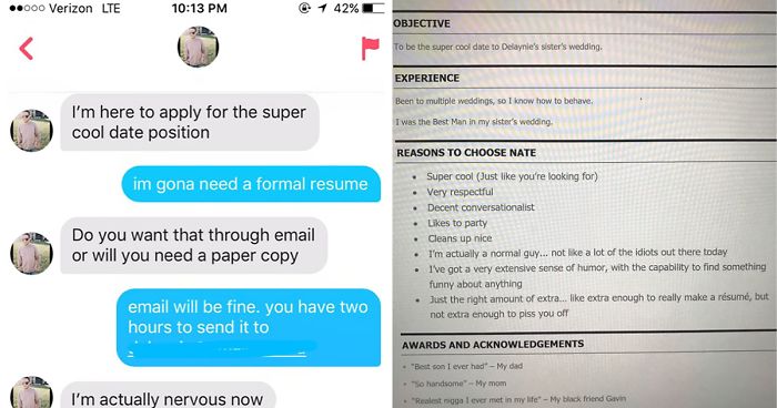 Girl Asks Guy For A Formal Resume To Go To A Wedding With Her As A Joke, He Delivers
