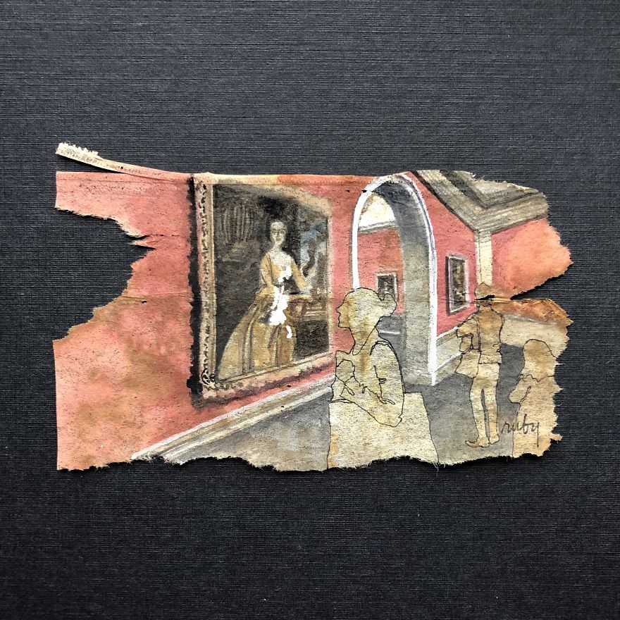 Museum Goers: Miniature Paintings On Used Tea Bags