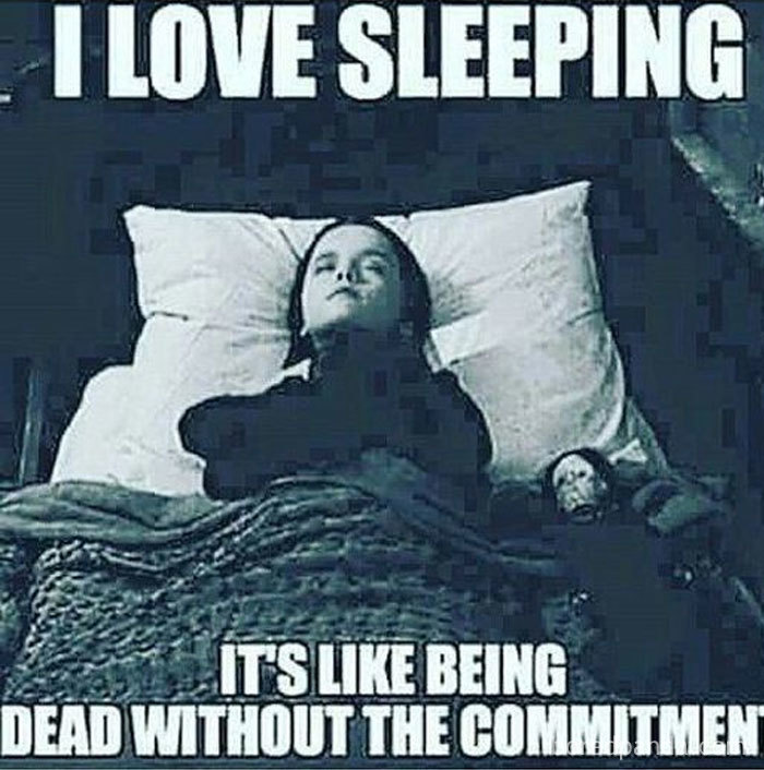 A humorous sleeping meme with a child lying in bed, captioned about the ease of sleeping over commitment.