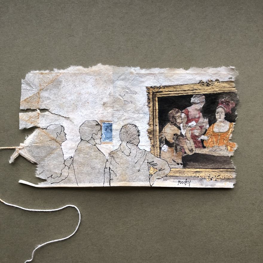 Museum Goers: Miniature Paintings On Used Tea Bags