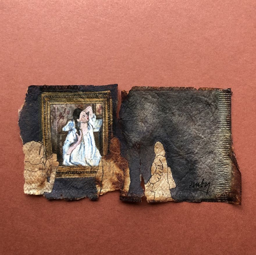 Museum Goers: Miniature Paintings On Used Tea Bags